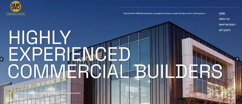 Homepage of the BMS Constructions website, a Sydney commercial builder, over a photo of a glass-fronted commercial building