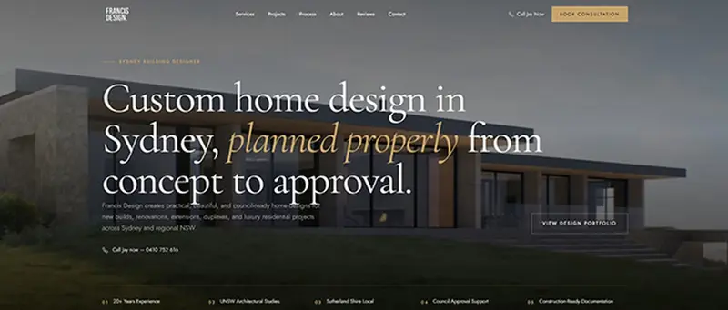 Homepage of the Francis Design website, a Sydney building designer, headed Custom home design in Sydney