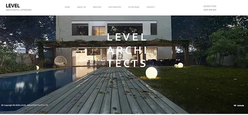 Homepage of the Level Architects website, showing a full-width photo of a modern house and pool at dusk