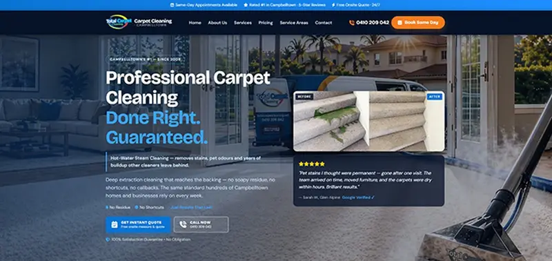Homepage of the Total Carpet Cleaning website, with a same-day booking button and before-and-after carpet photos